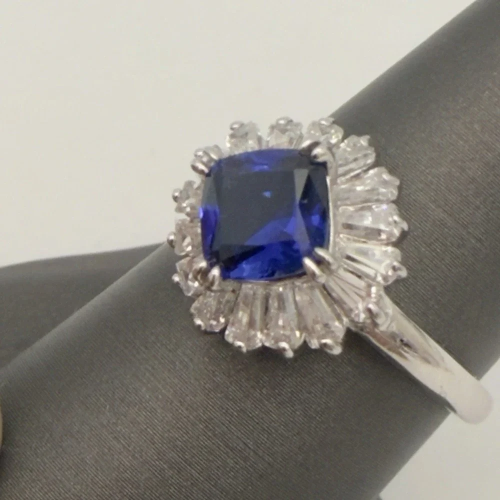 Vtg Saphire Halo Ring İLU 925 Sterling Silver Clear CZ 8.25